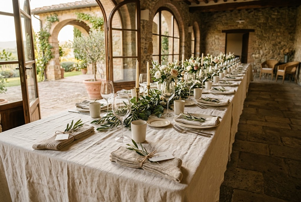 Twine-tied folded socks set at each place along a long ivory linen reception table