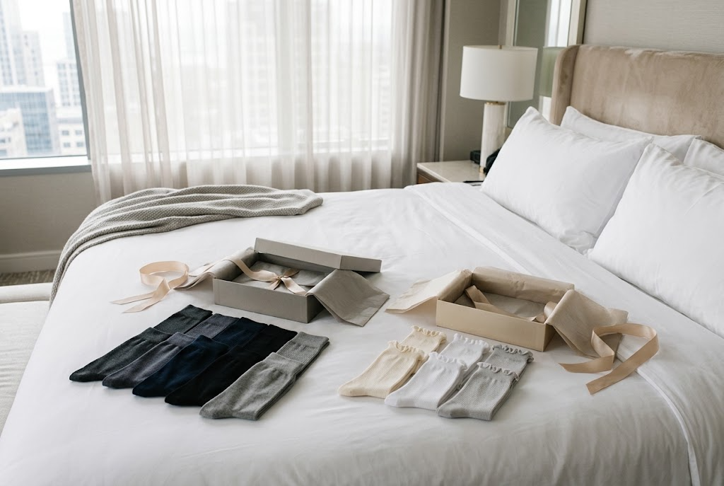 Two groups of folded socks laid in rows on a white hotel bed with boxes