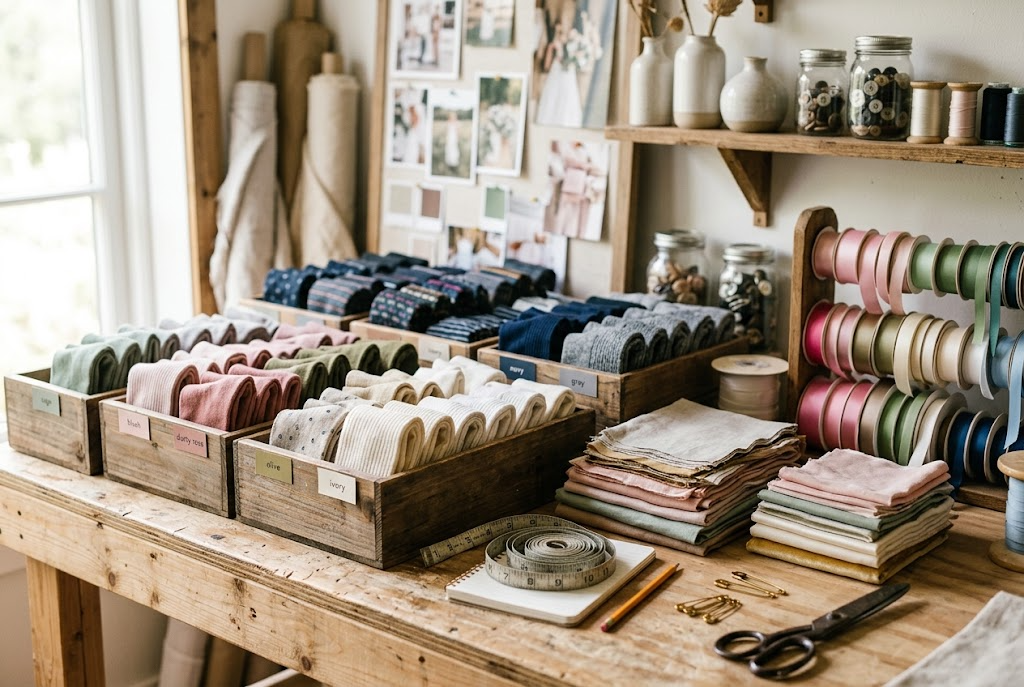 Studio worktable with swatches, ribbon spools and crates of colour-sorted folded socks