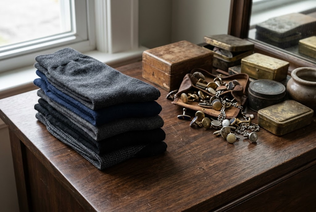 Neat stack of folded socks beside a jumbled heap of unused gift boxes on a dresser