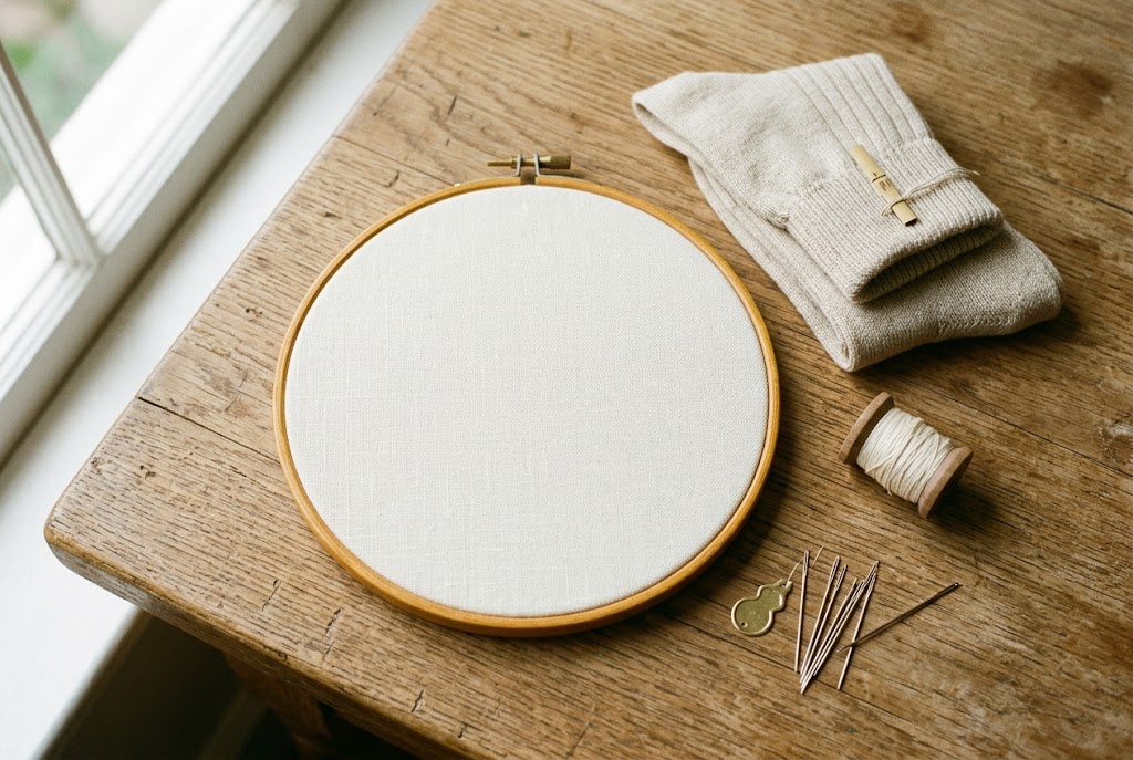 Embroidery hoop with blank fabric, needles and a folded pair of socks on a studio table