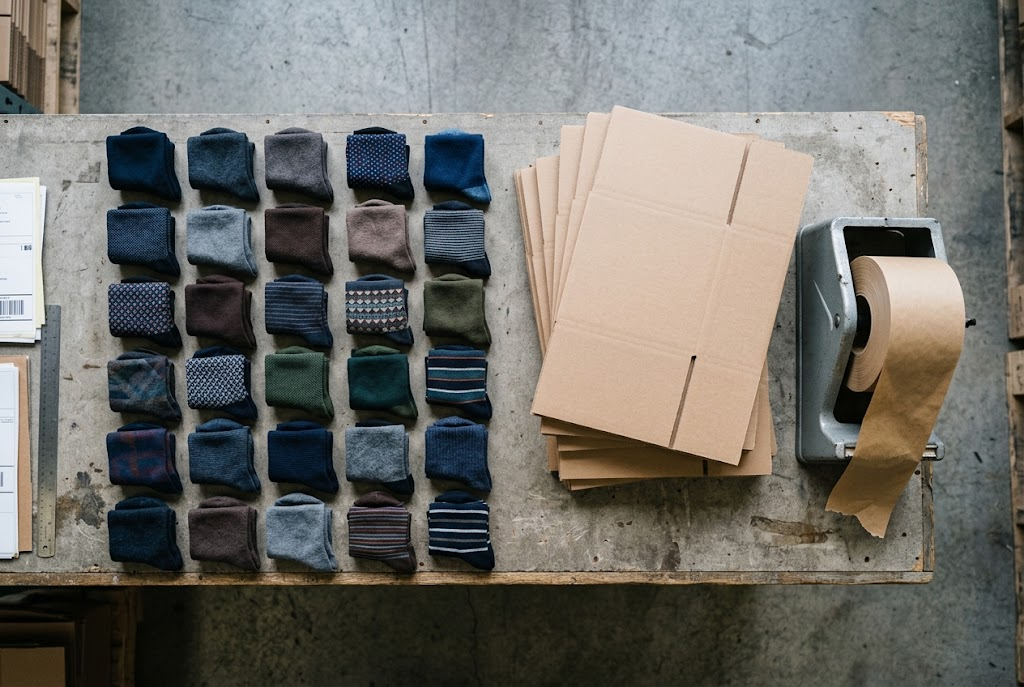 Overhead grid of folded socks on a warehouse packing bench with flat cartons