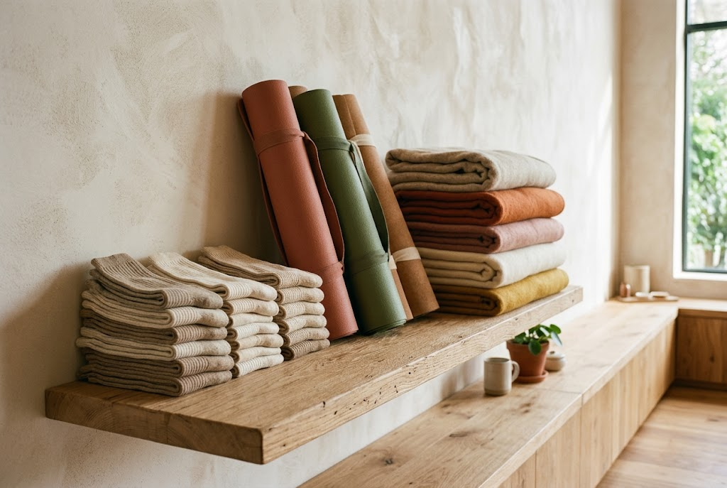 Folded socks stacked beside rolled mats and blankets on a studio reception shelf