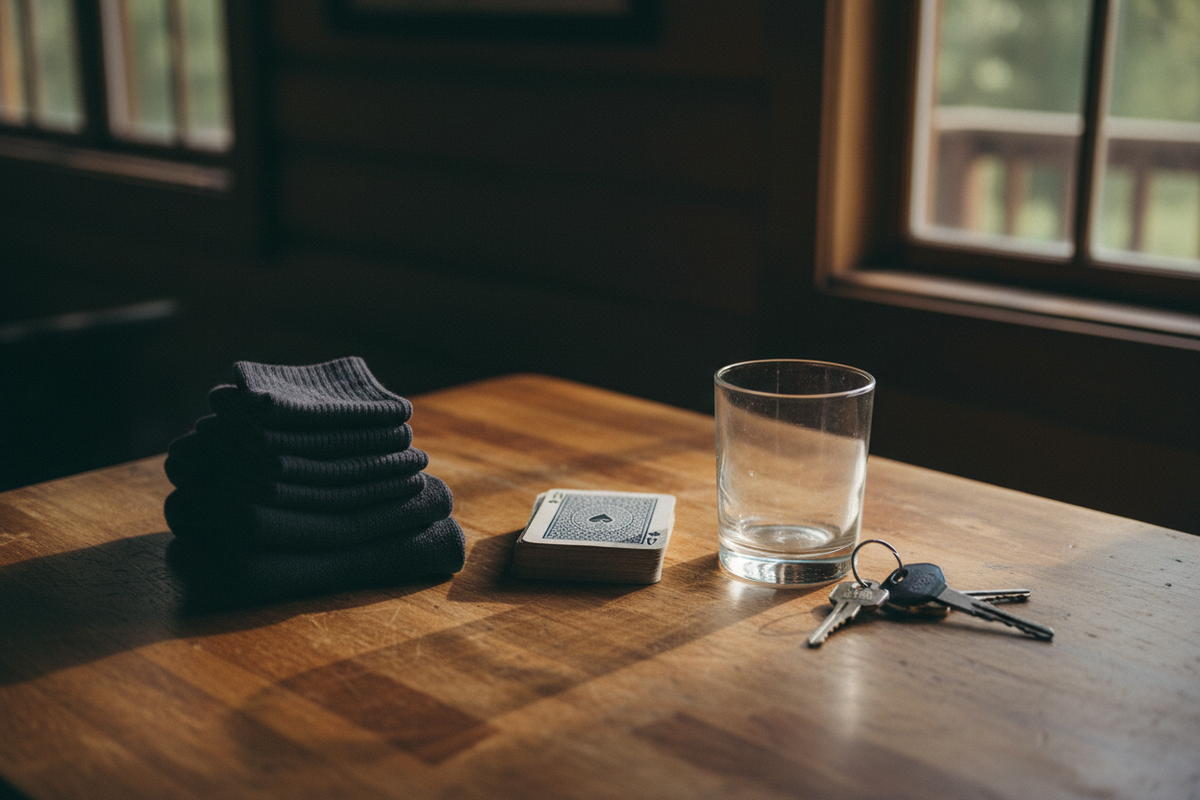 Stacked dark socks beside playing cards and an empty glass on a cabin table.