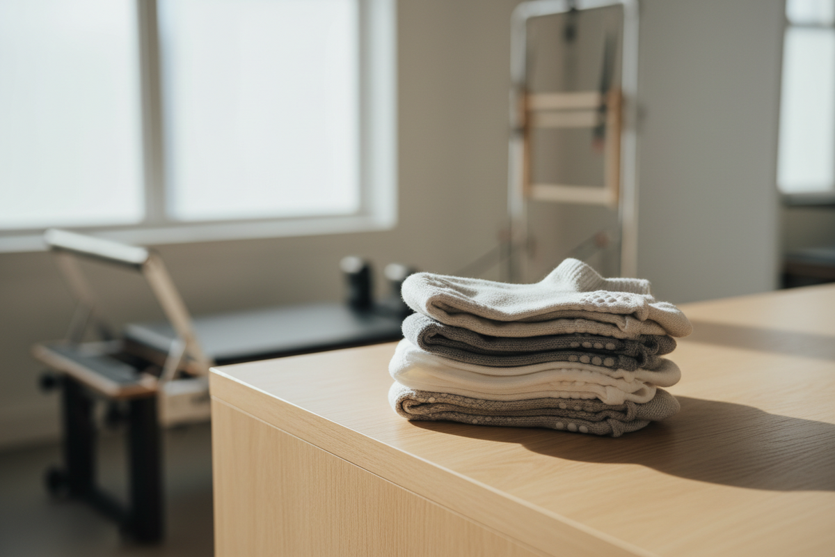 Folded grip socks and crew socks on a pale oak reception counter in a pilates studio