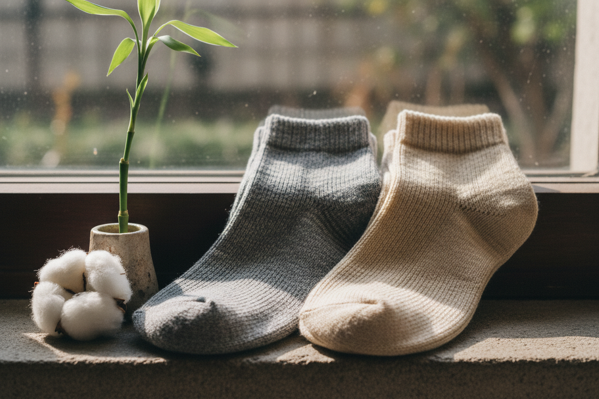 Two folded pairs of socks on a sunlit windowsill beside bamboo and raw cotton.
