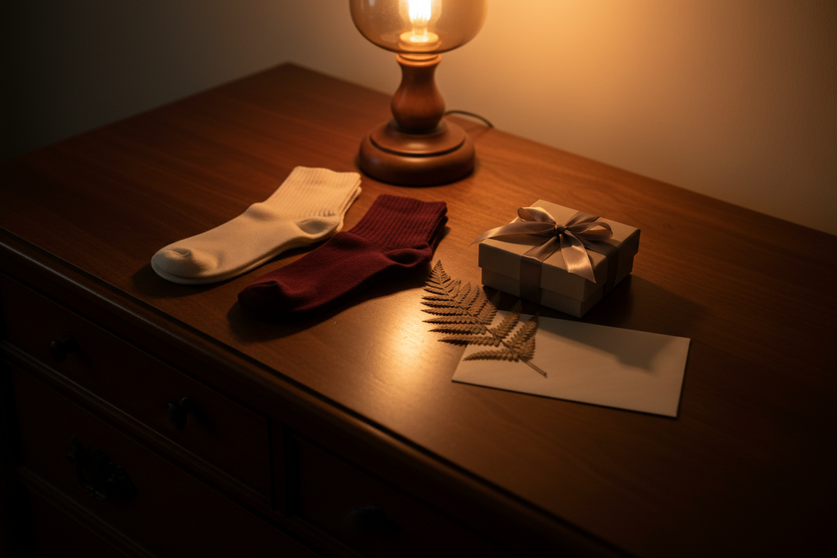 Two stacked pairs of socks beside a ribboned box on a lamplit wooden dresser.