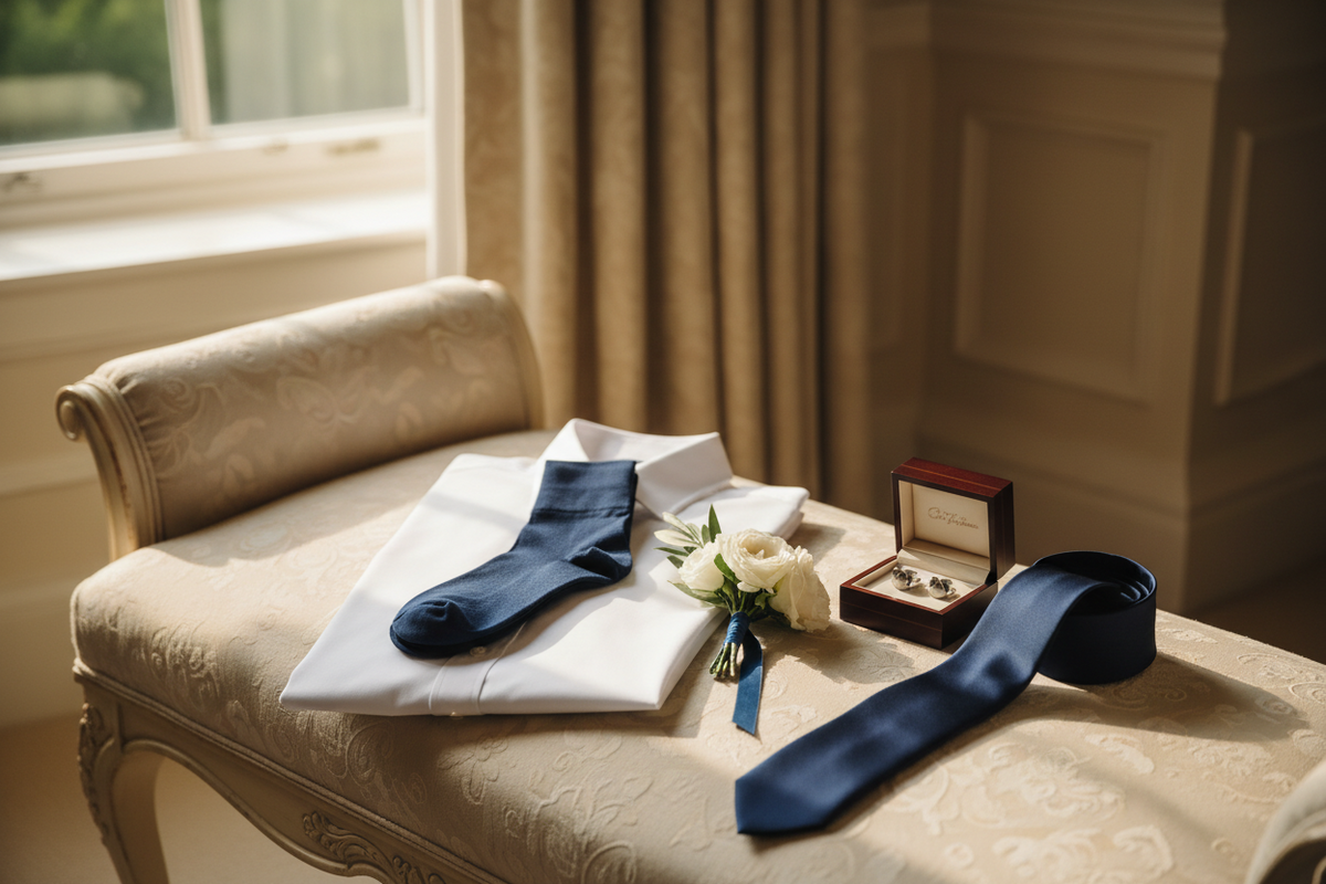 Navy socks on a folded shirt beside a boutonniere and tie on a bench.