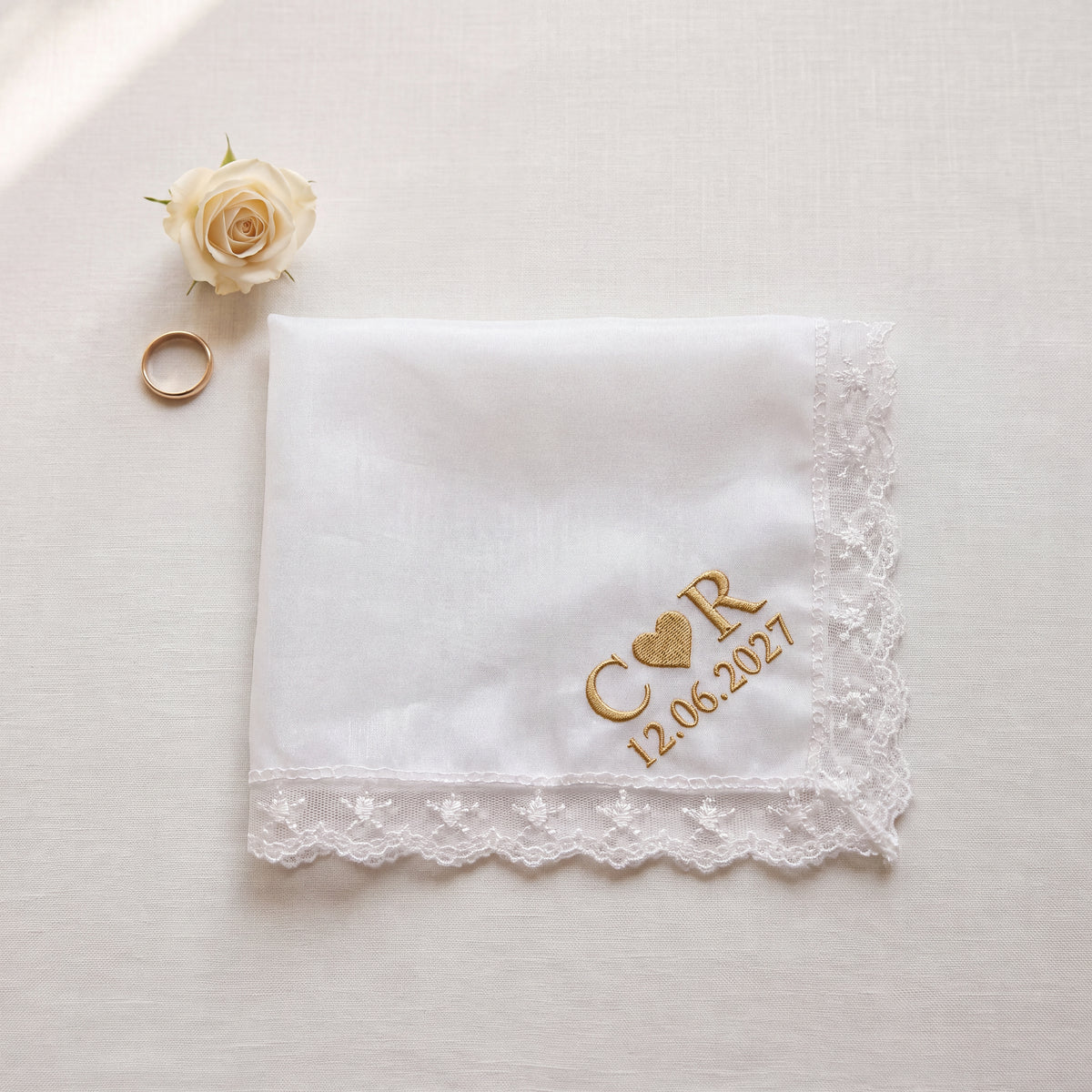 Personalized organza wedding handkerchief with lace edge, gold embroidered initials and date — Eddia