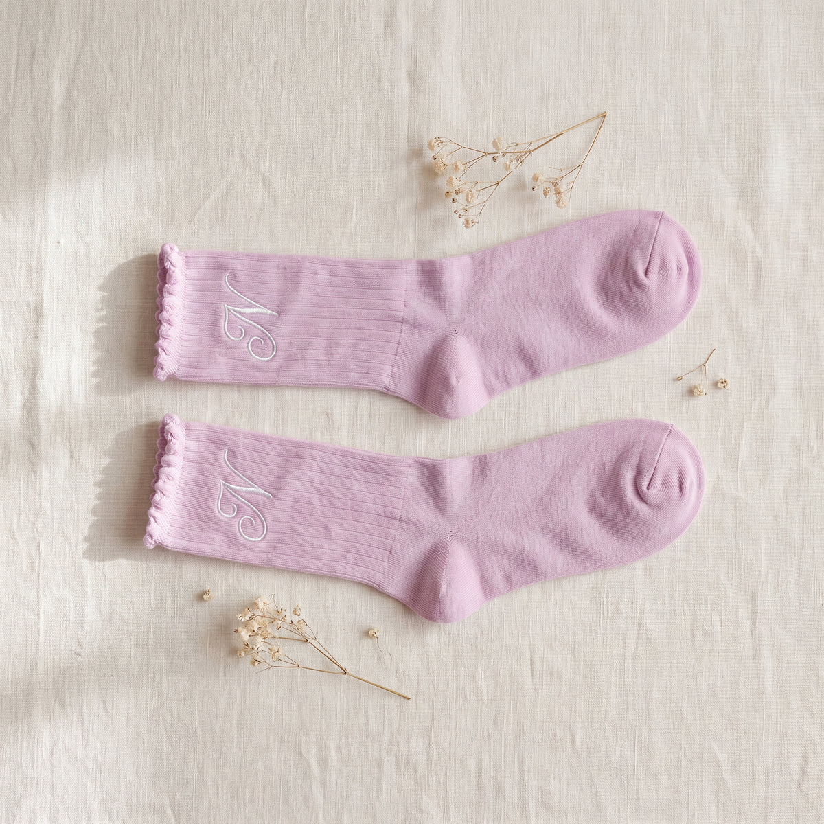 Personalized bridal party ruffle socks with an embroidered monogram — Eddia