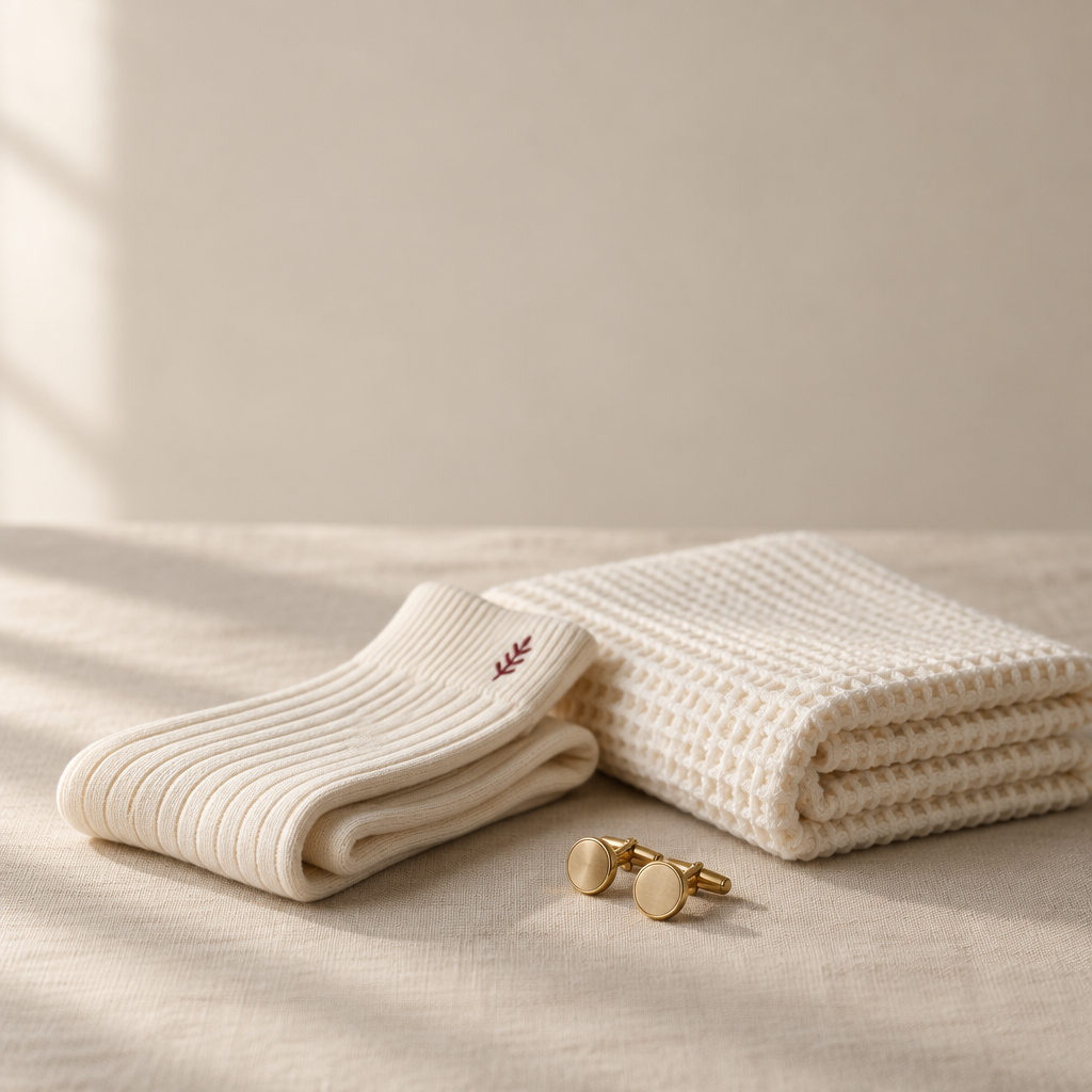 Folded cream embroidered socks, an ivory waffle towel and gold cufflinks on warm linen — Eddia Socks best sellers