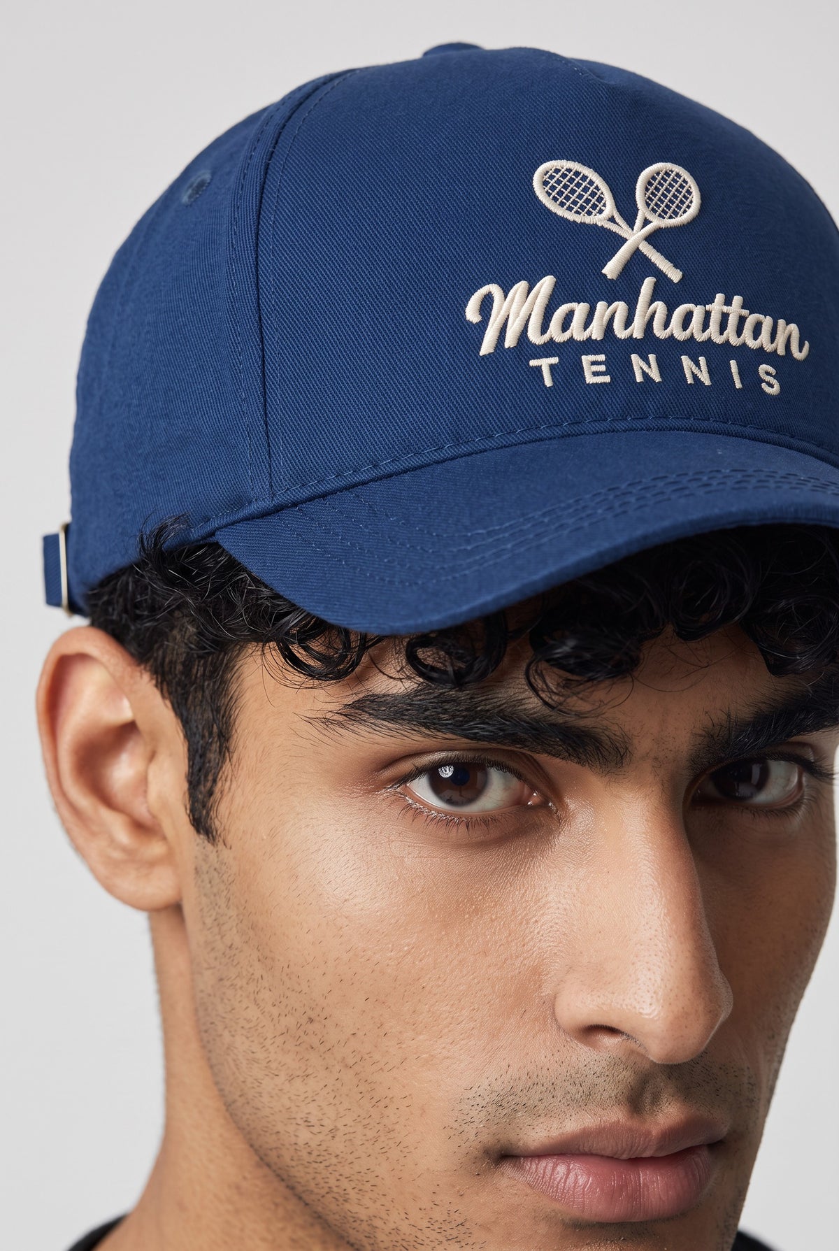 Custom Tennis Cap worn by a model, front view