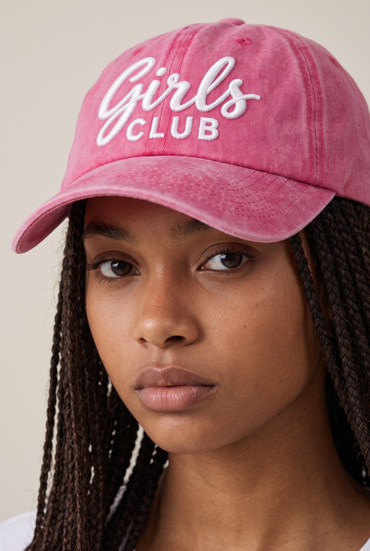 Girls Club Hat worn by a model, front view
