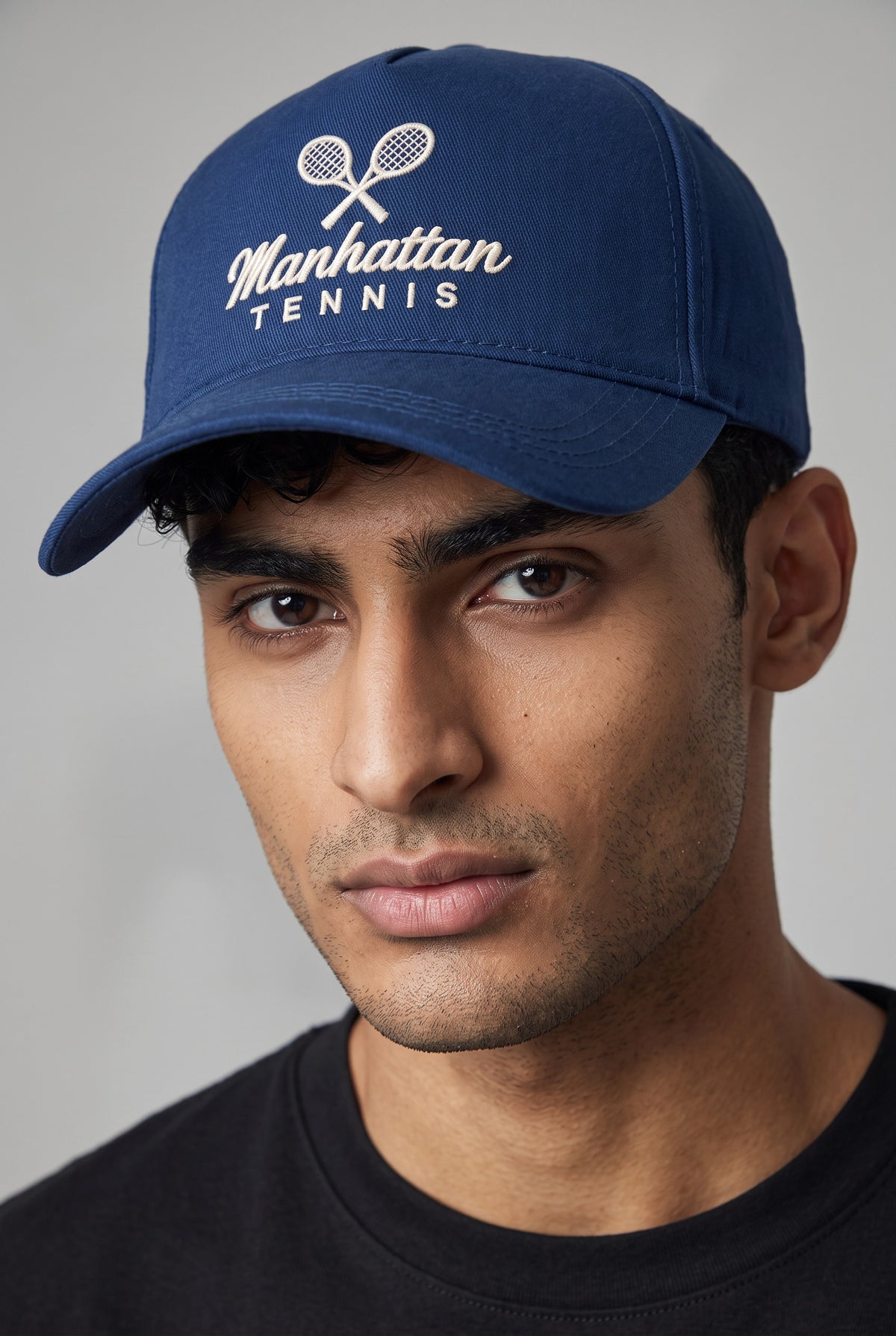 Custom Tennis Cap worn by a model, front view