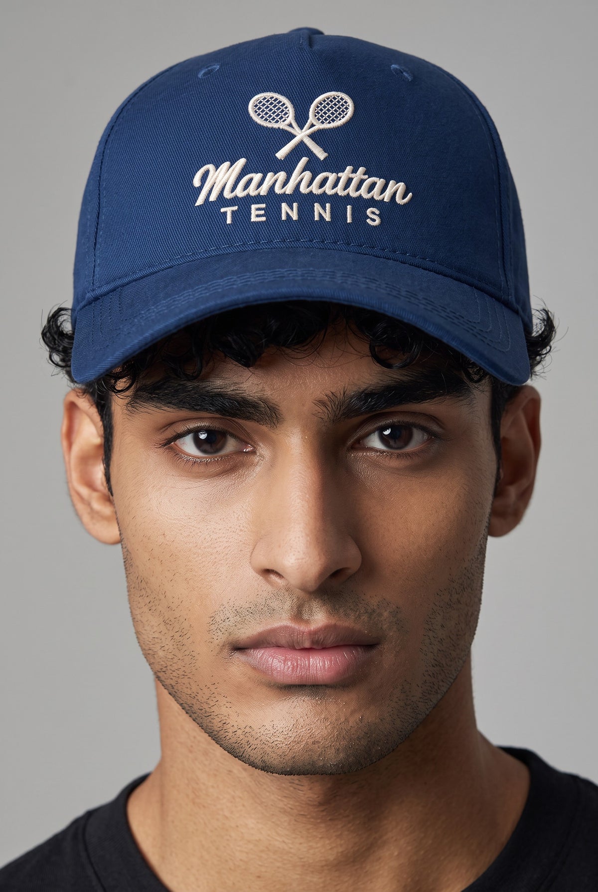 Custom Tennis Cap worn by a model, front view