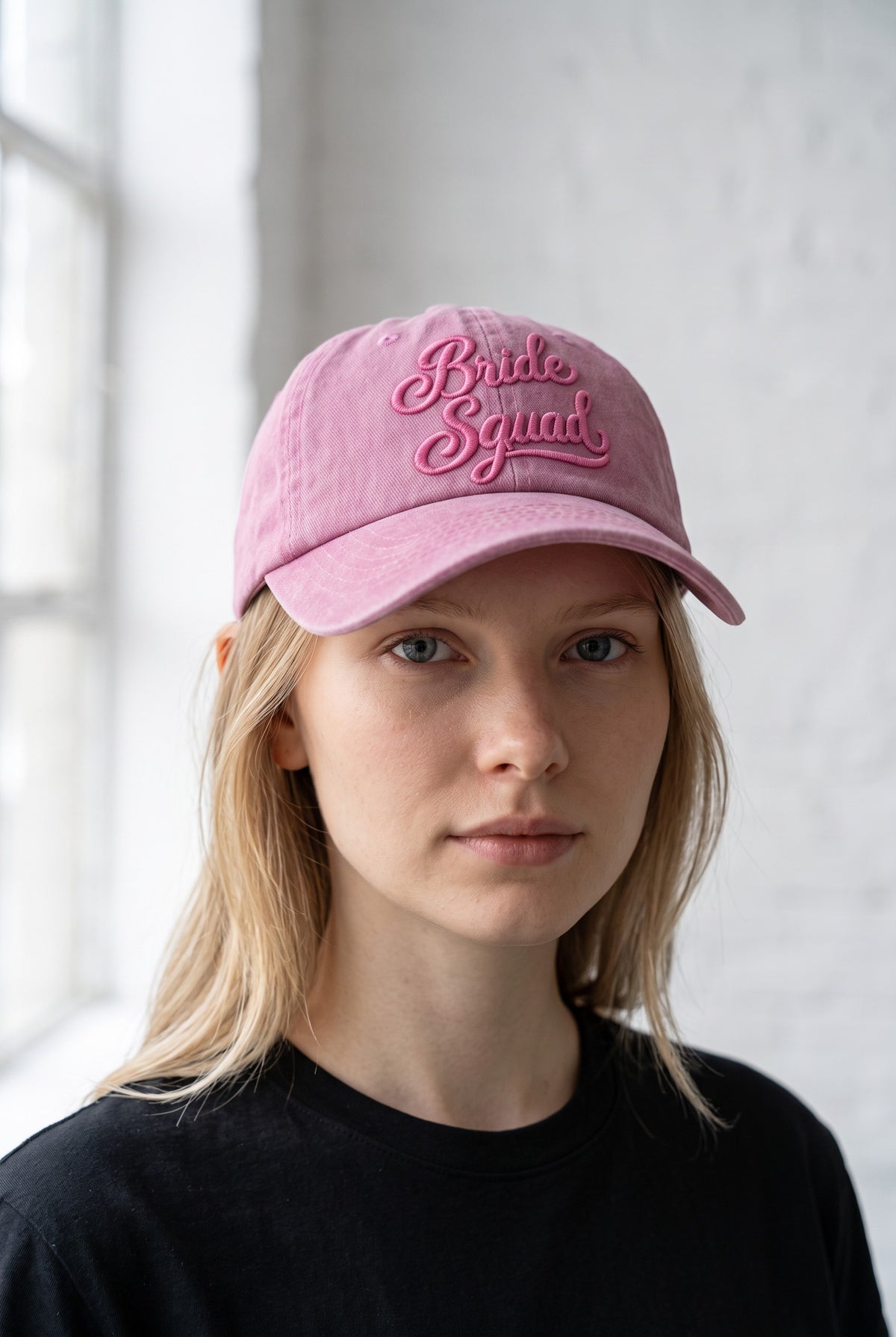 Bride Squad Hats worn by a model, front view
