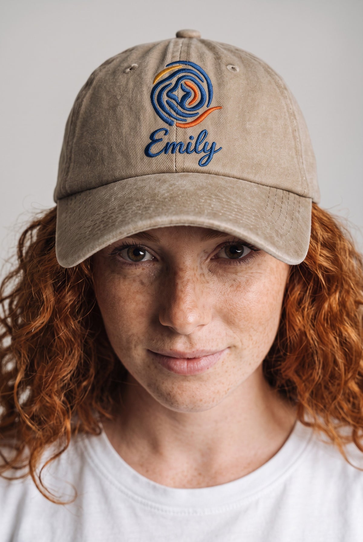 Custom Logo Hat with Name worn by a model, front view