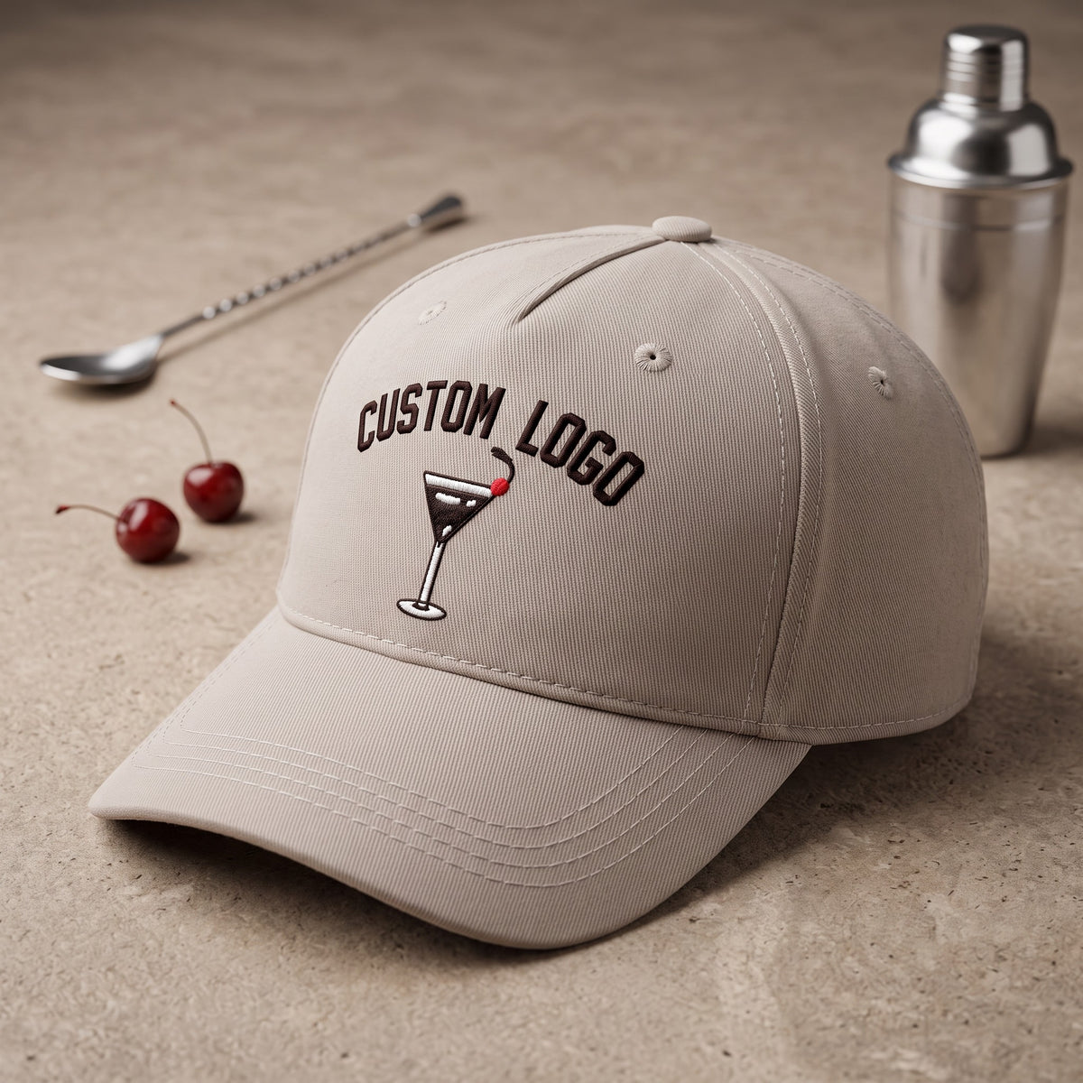 Custom Logo Hat styled flat lay, embroidery detail