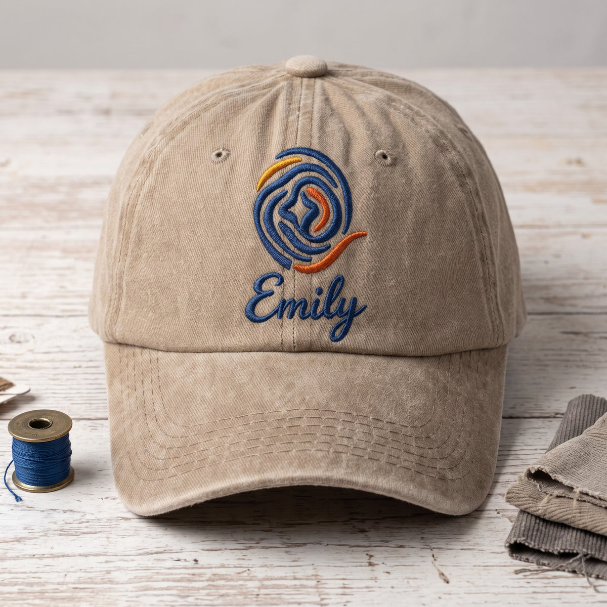 Custom Logo Hat with Name styled flat lay, embroidery detail