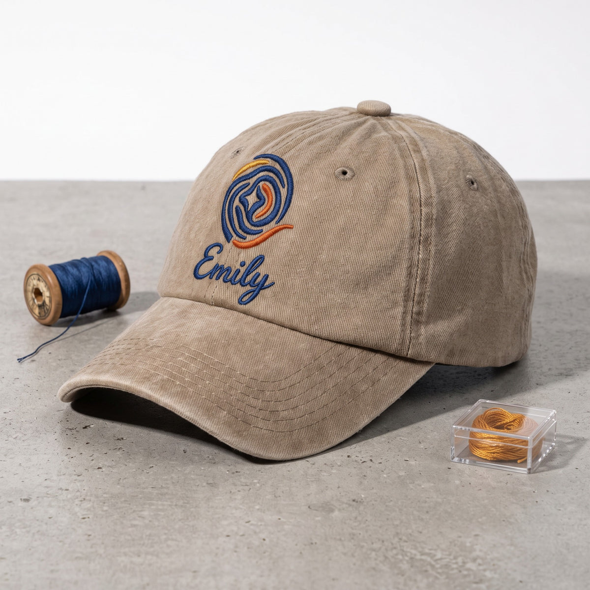 Custom Logo Hat with Name styled flat lay, embroidery detail