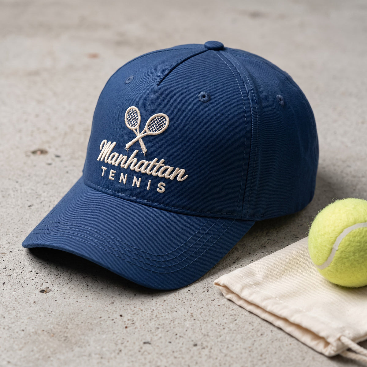 Custom Tennis Cap styled flat lay, embroidery detail
