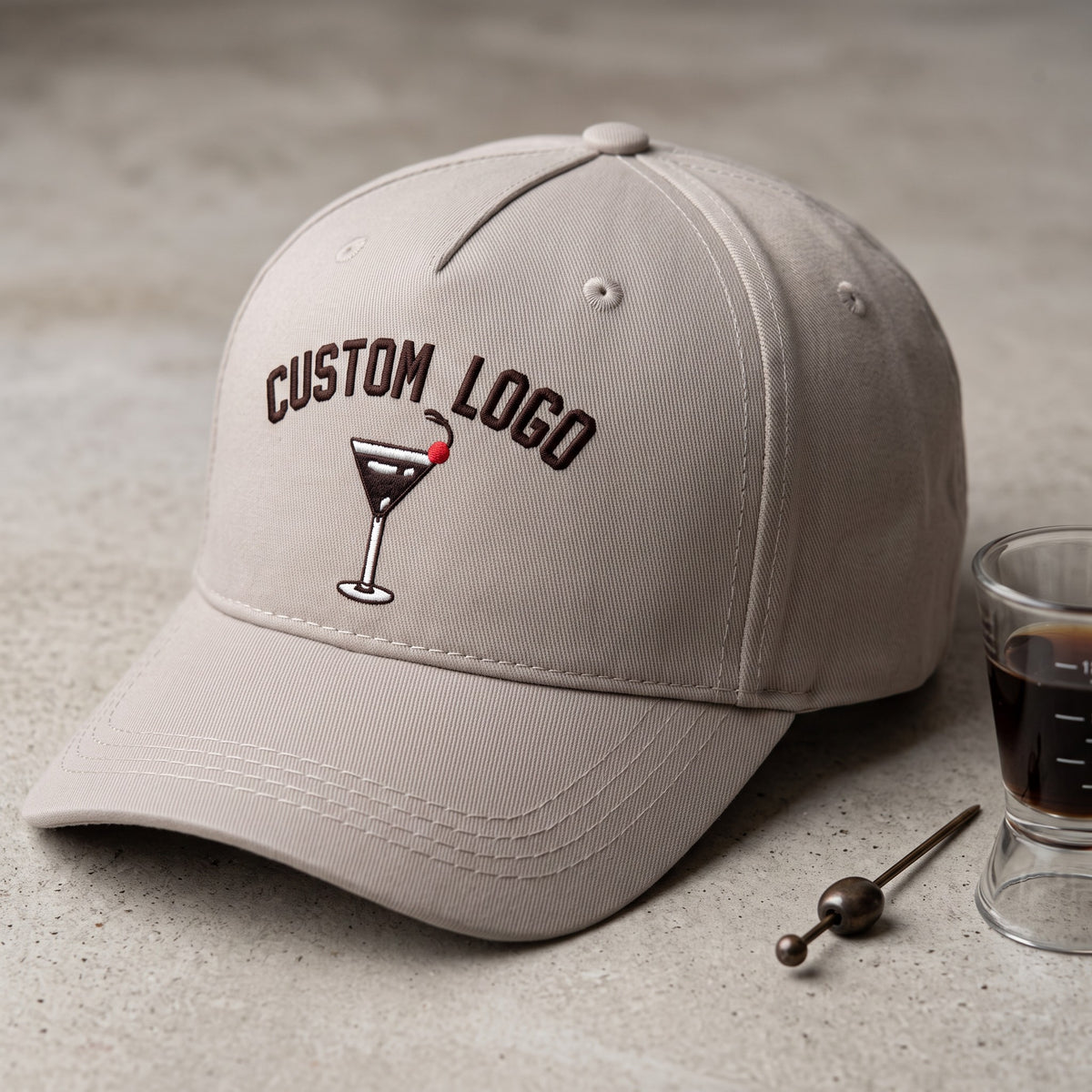 Custom Logo Hat styled flat lay, embroidery detail
