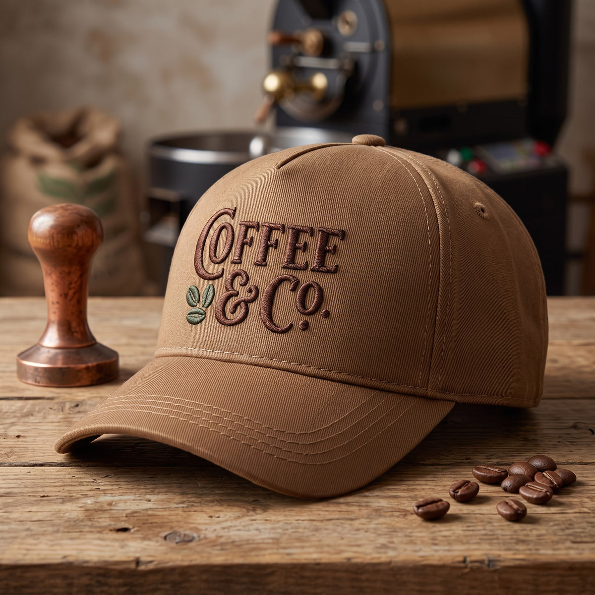 Coffee Shop Hat styled flat lay, embroidery detail