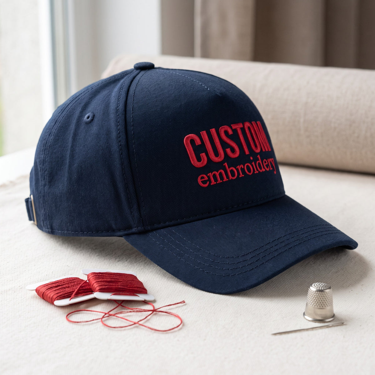 Custom Text Hat styled flat lay, embroidery detail