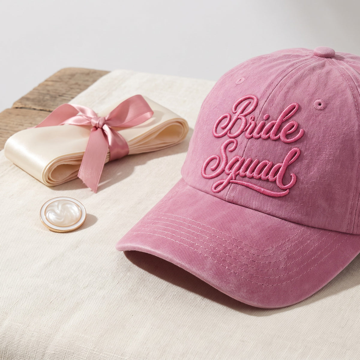 Bride Squad Hats styled flat lay, embroidery detail