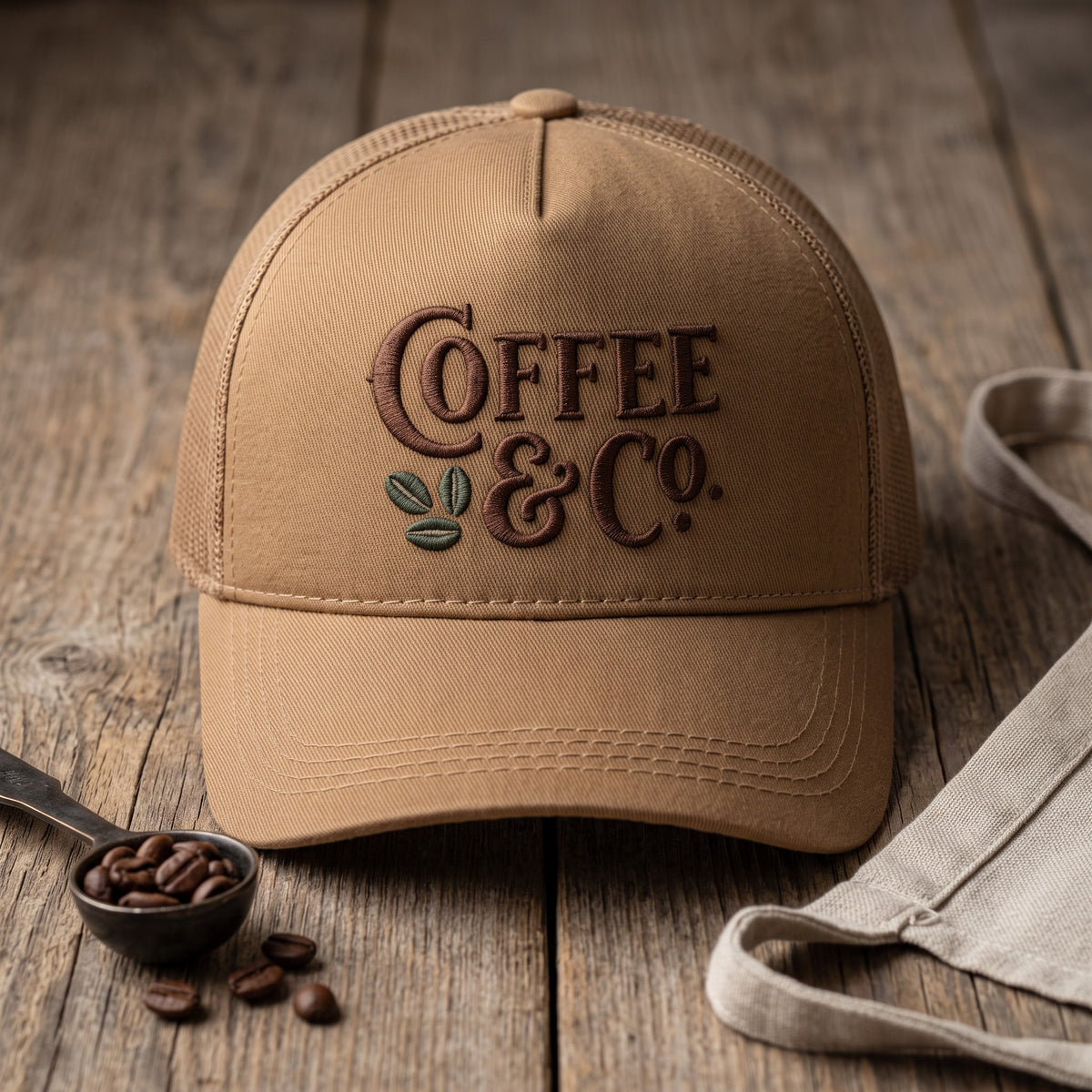 Coffee Shop Hat styled flat lay, embroidery detail