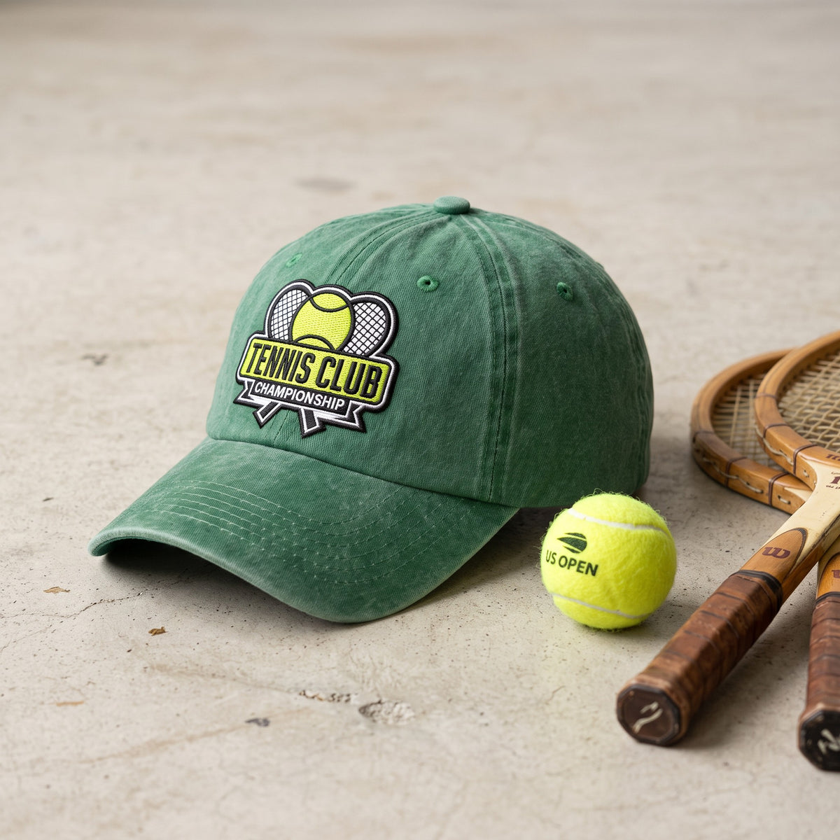 Tennis Club Hat styled flat lay, embroidery detail