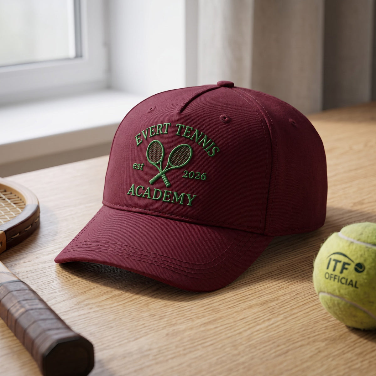 Tennis Academy Hat styled flat lay, embroidery detail