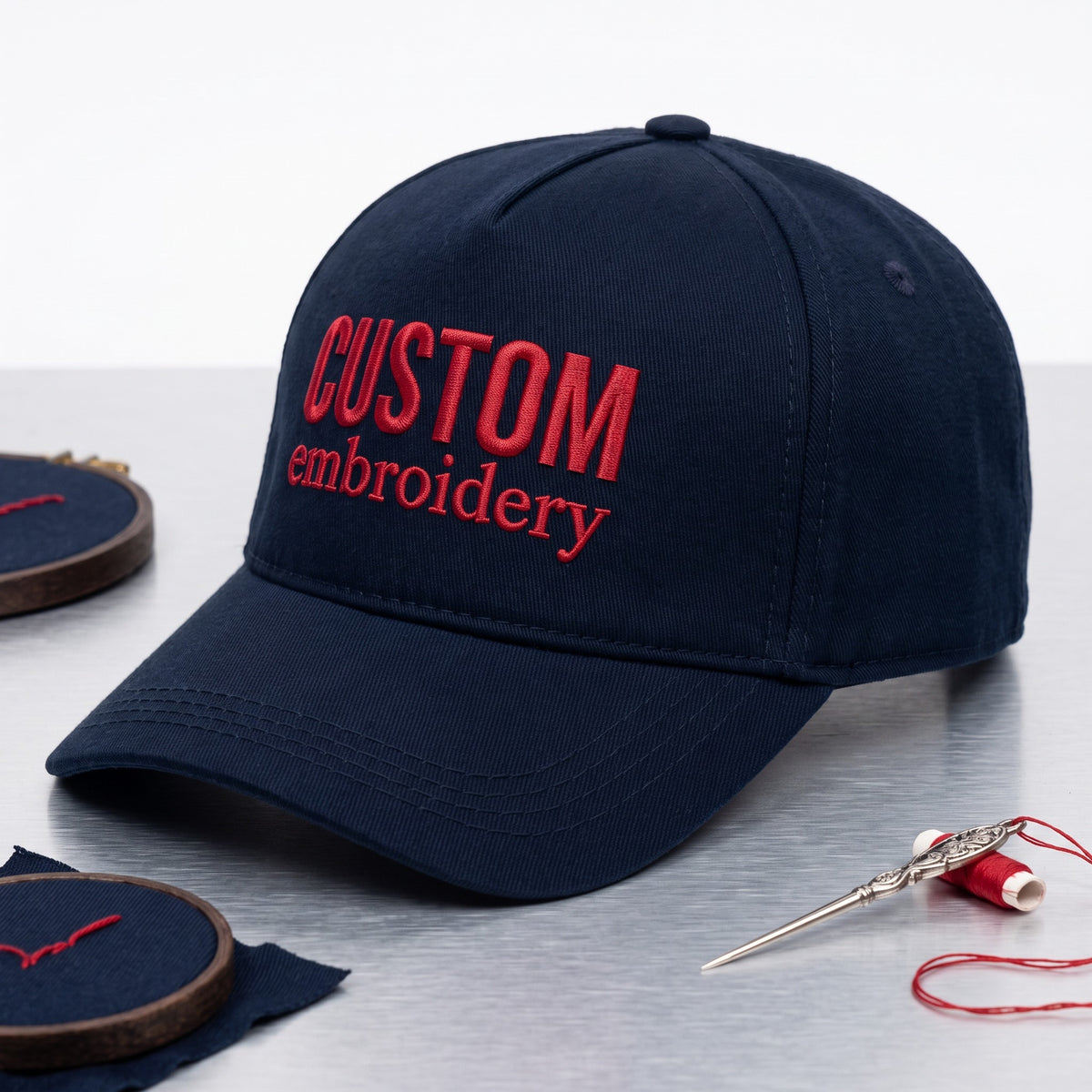 Custom Text Hat styled flat lay, embroidery detail