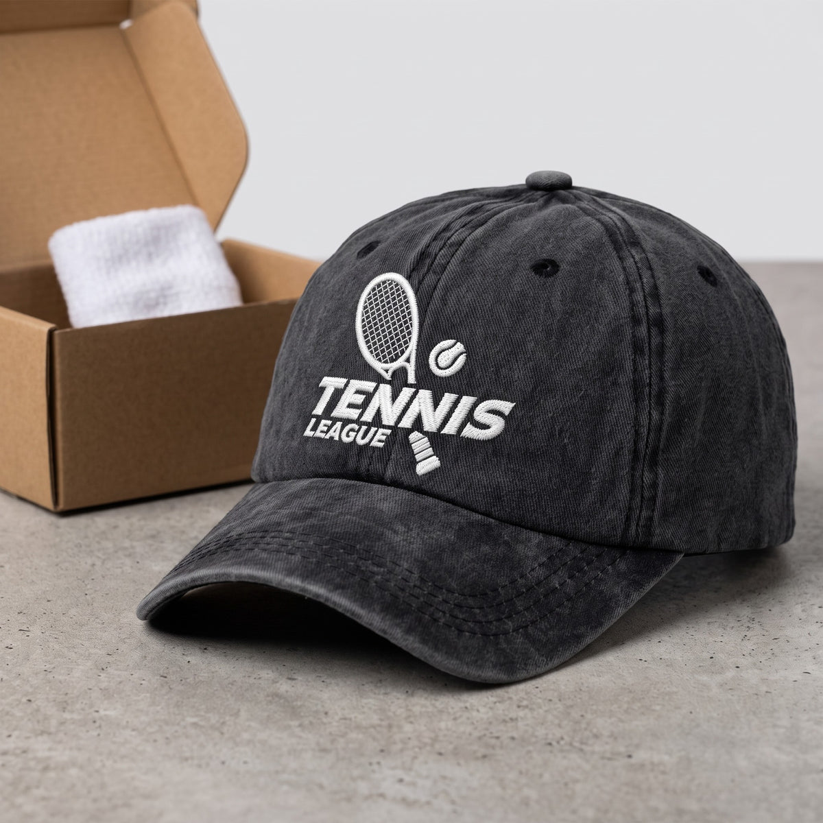 Tennis League Hat styled flat lay, embroidery detail