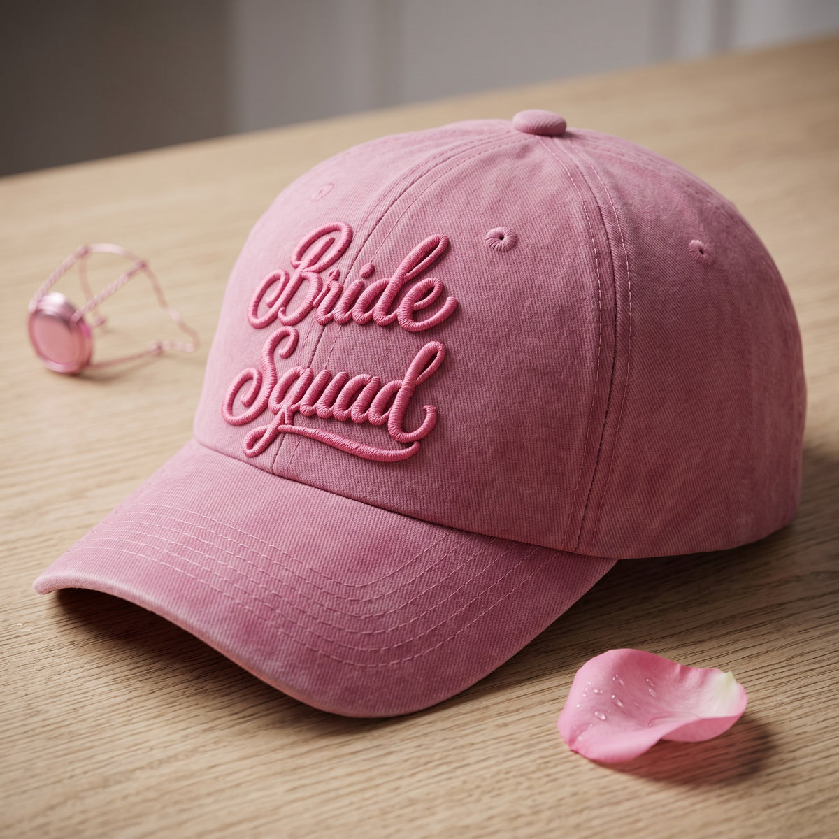 Bride Squad Hats styled flat lay, embroidery detail