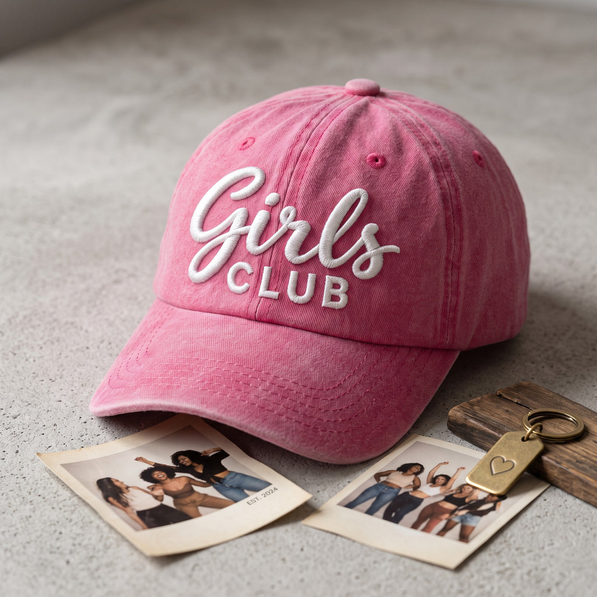 Girls Club Hat styled flat lay, embroidery detail