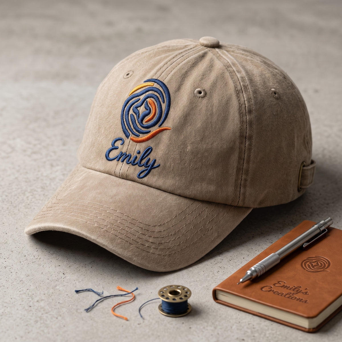 Custom Logo Hat with Name styled flat lay, embroidery detail