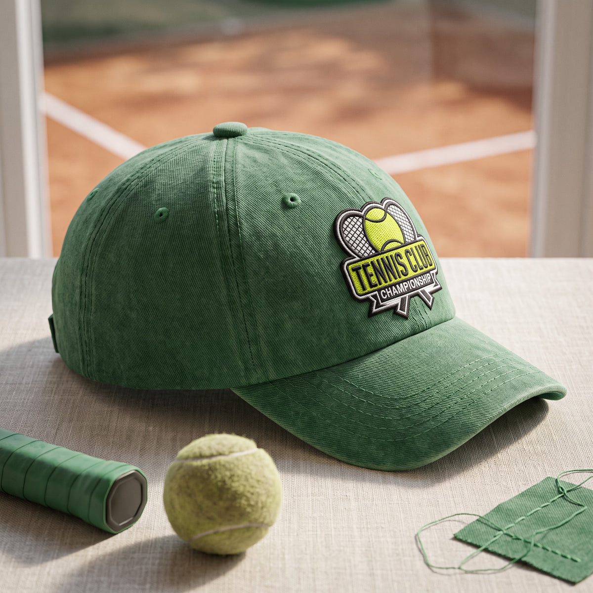 Tennis Club Hat styled flat lay, embroidery detail