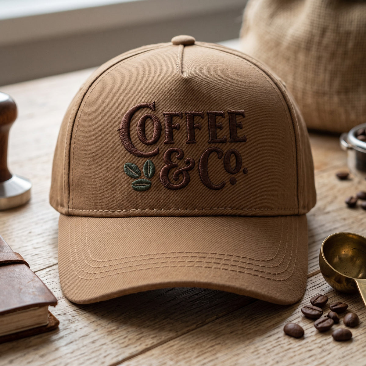 Coffee Shop Hat styled flat lay, embroidery detail