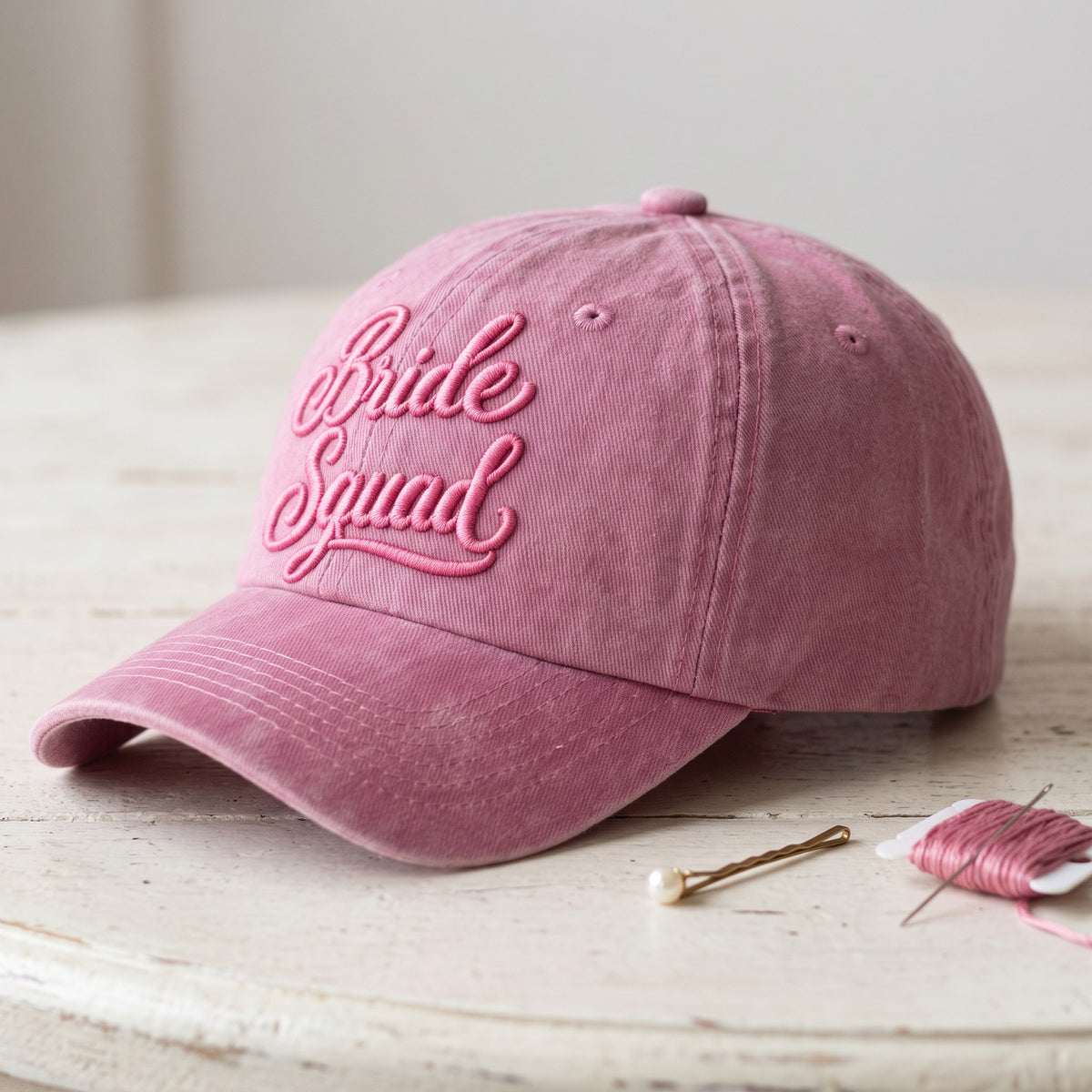 Bride Squad Hats styled flat lay, embroidery detail