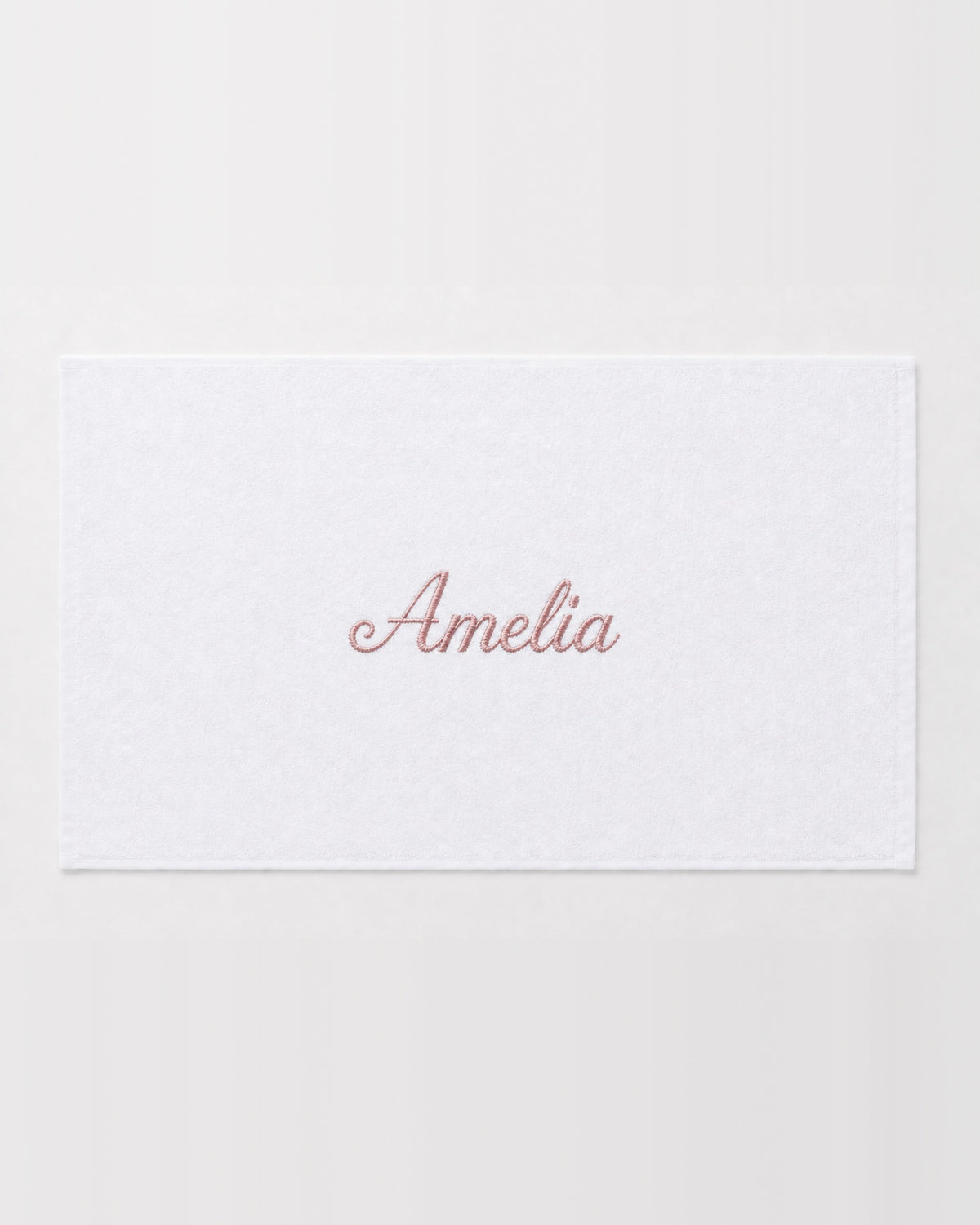 Amelia personalized bamboo hand towel, dusty pink script embroidery on white