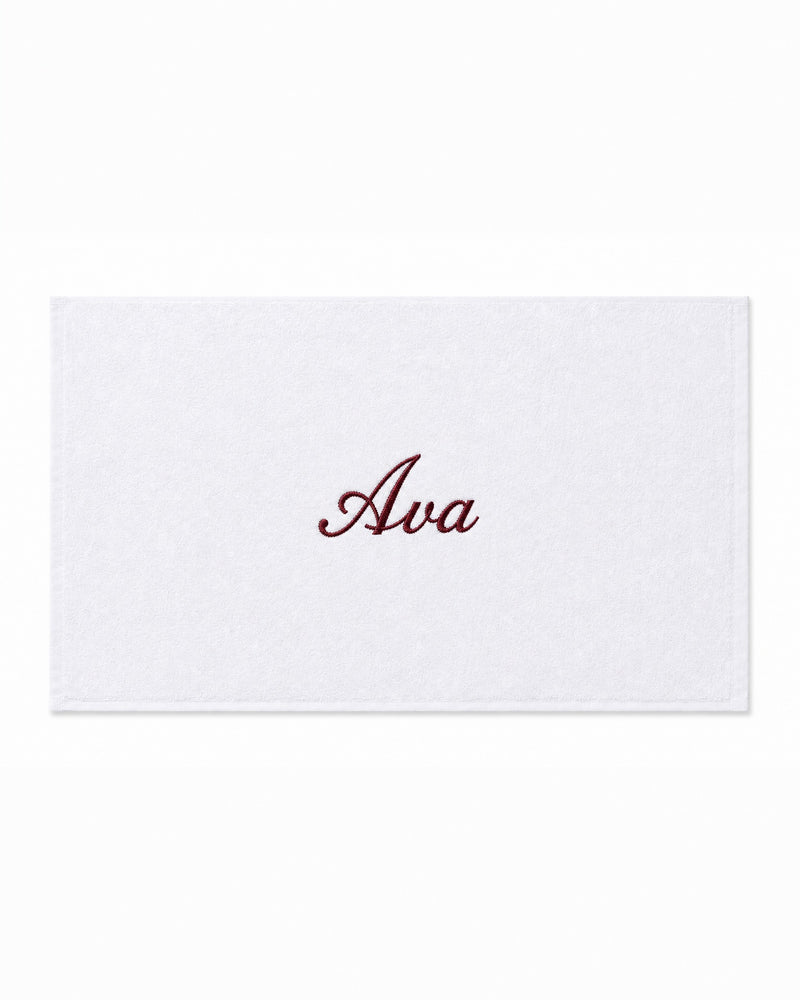 Ava Embroidered Bamboo Hand Towel | Personalized Name Towel, Burgundy Script on White