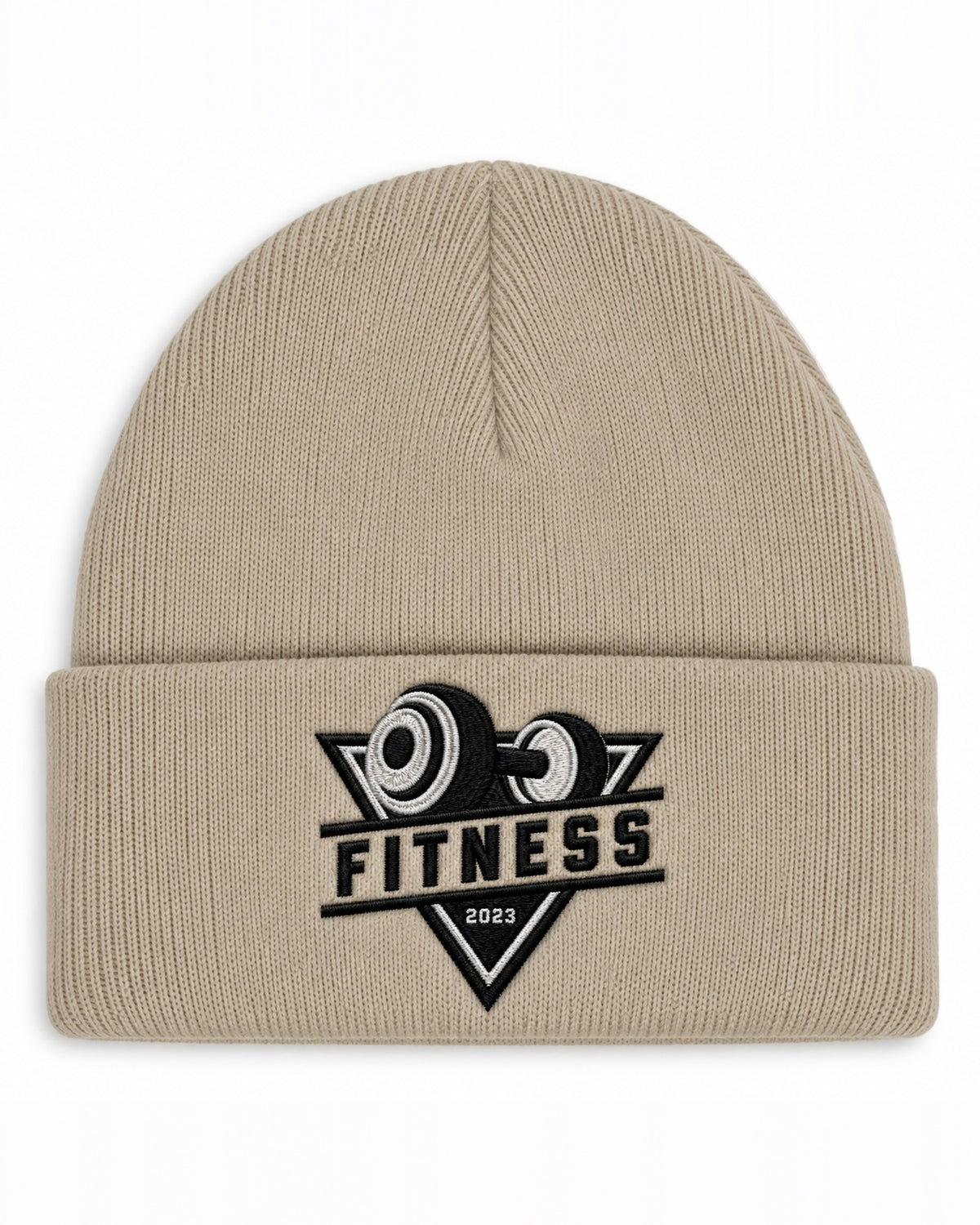Beige beanie with custom embroidery on the cuff