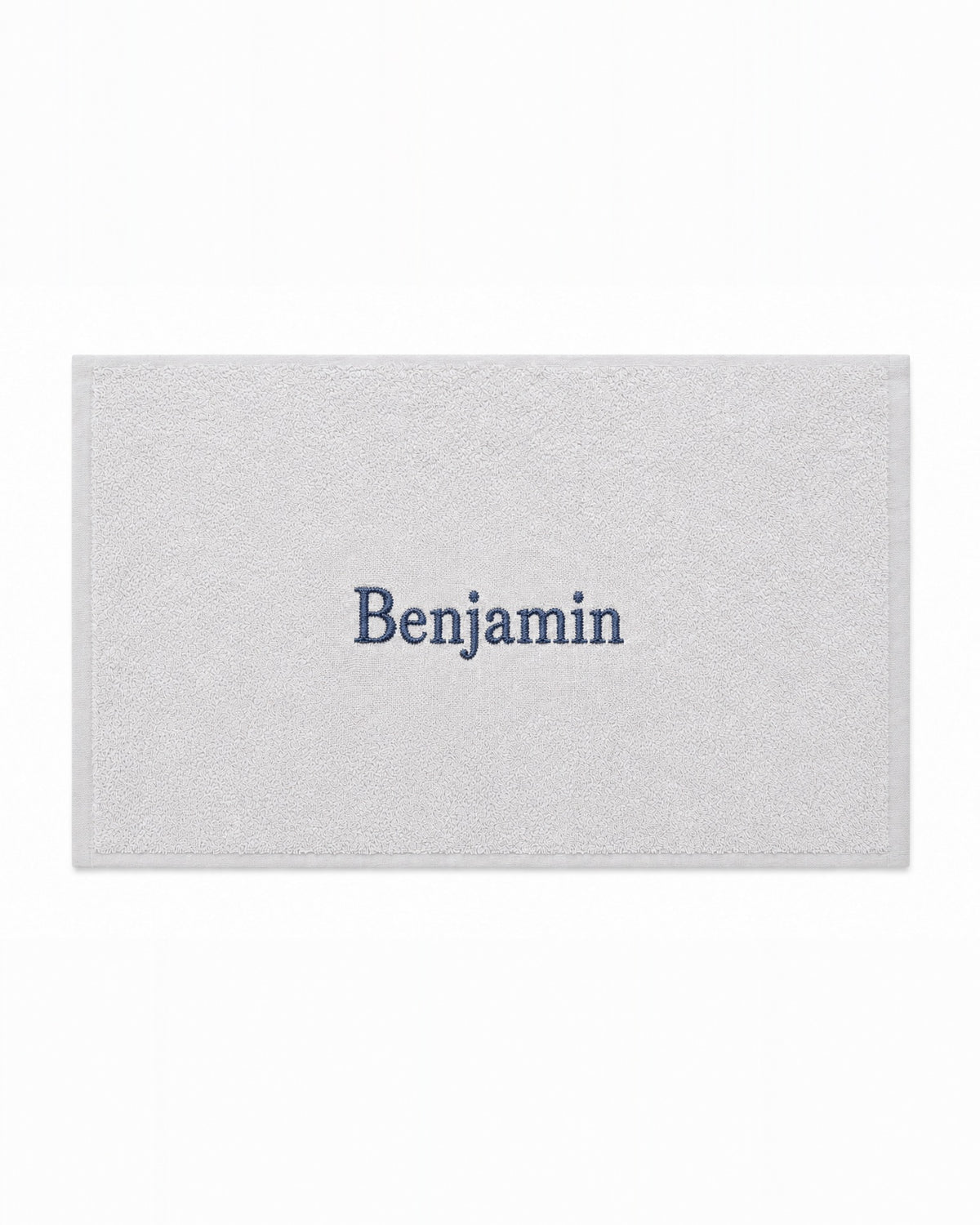 Benjamin personalized bamboo hand towel, navy serif embroidery on light gray