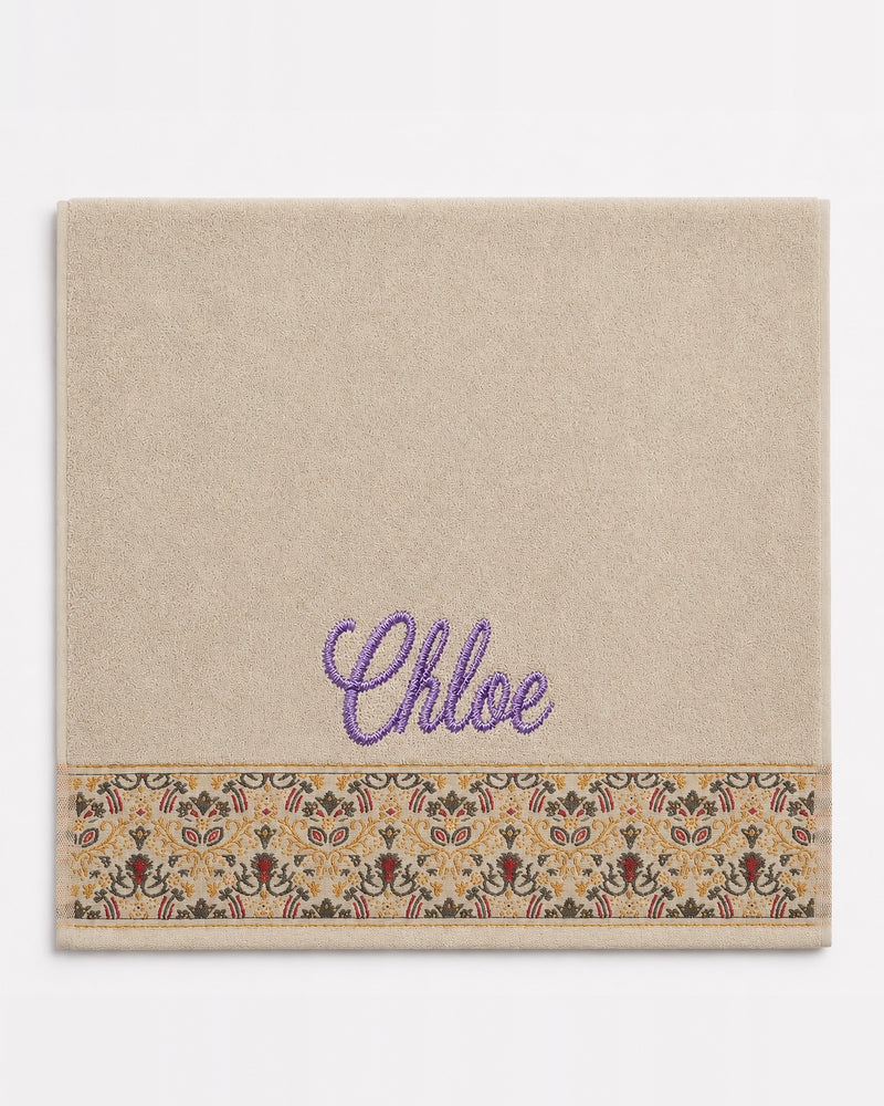 Chloe Embroidered Hair Towel | Personalized Patterned Cotton Towel, Purple Script on Cream