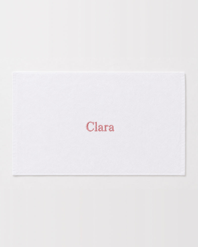 Clara Embroidered Bamboo Hand Towel | Personalized Name Towel, Pink Serif on White