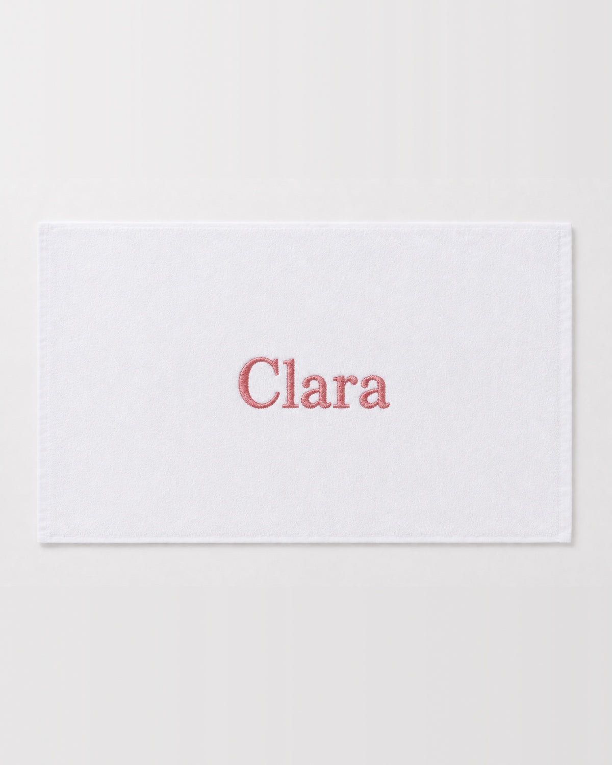 Clara personalized bamboo hand towel, pink serif embroidery on white — photo 2
