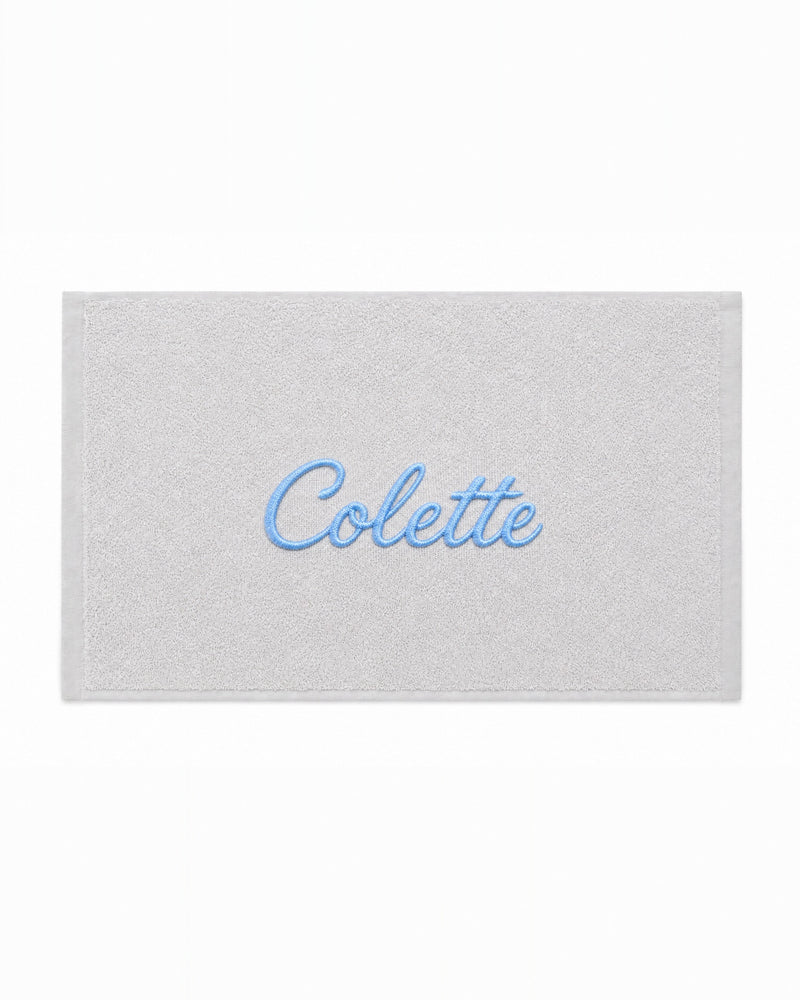Colette Embroidered Bamboo Hand Towel | Personalized Name Towel, Sky blue Script on Light Gray