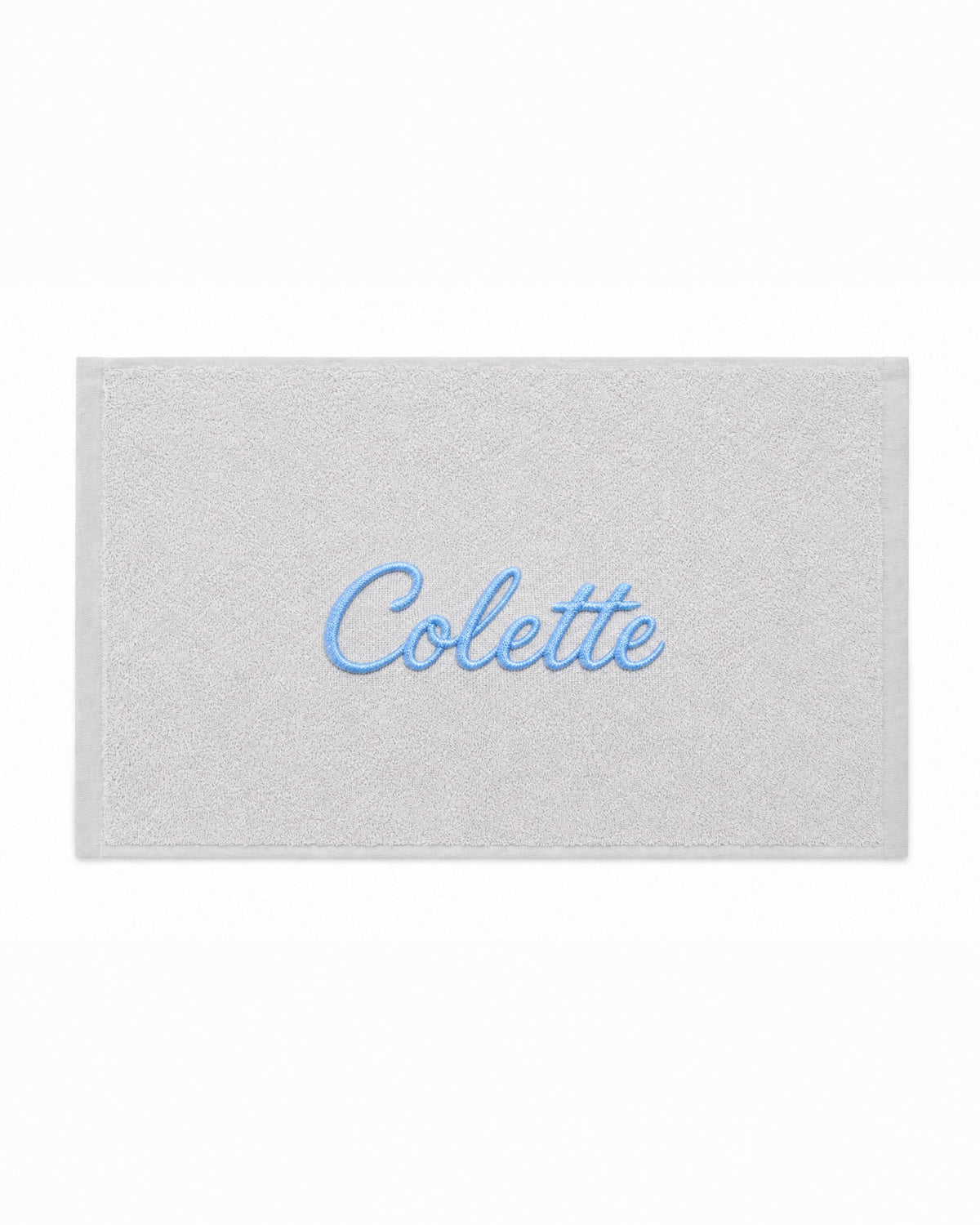 Colette personalized bamboo hand towel, sky blue script embroidery on light gray