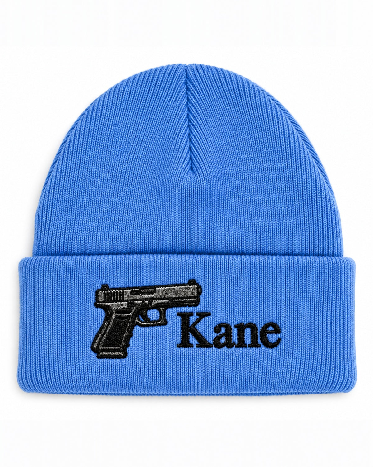 Sky blue cuffed knit beanie embroidered with a club logo and a name — Eddia Socks